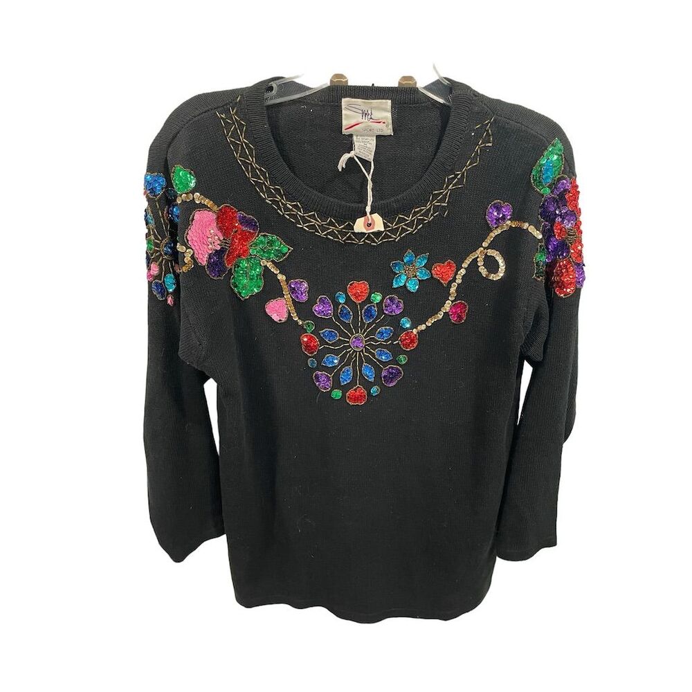 Vintage SML‎ Sport Women's M Black Sequin Beaded Floral Pullover Sweater